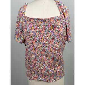 LUSH Plus Size Smocked Milkmaid Floral Peasant Blouse 2X Stretchy Summer Top